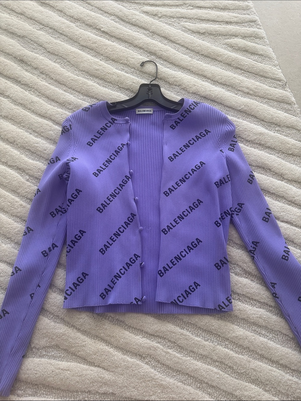 Balenciaga Lavender Logo Ribbed Cardigan